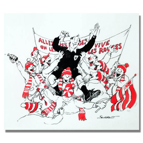 LOT 58 "ALLEZ L'ARTBITRE" planche originale de Claude SERRE publiée dans album "la forme olympique" ed. Glénat - Rare signé (taille 21 x 29,7 cm) plume encre et aquarelle