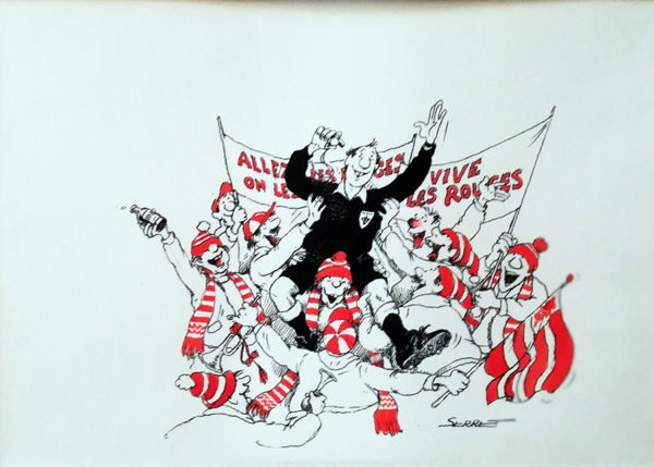 LOT 58 "ALLEZ L'ARTBITRE" planche originale de Claude SERRE publiée dans album "la forme olympique" ed. Glénat - Rare signé (taille 21 x 29,7 cm) plume encre et aquarelle – Image 2
