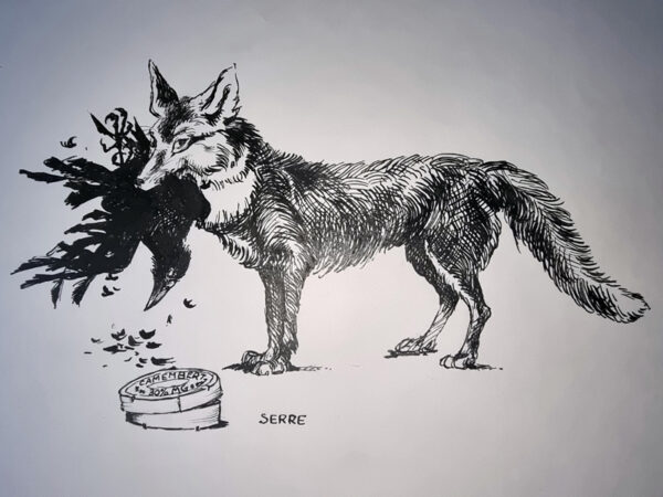 "LE CORBEAU ET LE RENARD" Planche Originale Rare signée Claude Serre 1960 (taille totale 21 x 27 cm)