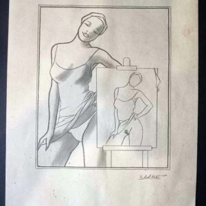 "portrait d'une inconnue" dessin original de BARBE André François (1936-2014) fusain et pointe seche papier Dim 30 x 40 cm circa 1990  Rare