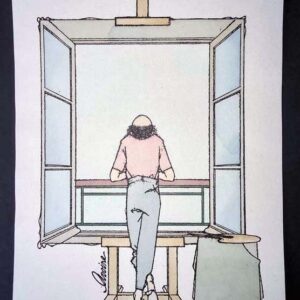 "Peintre regardant par la fenêtre" - AVOINE - aquarelle sur papier - circa 1995 (taille totale 21 x 14 cm)