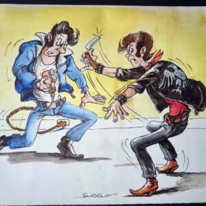"Bagarre aux rasoirs" - dessin couleur Original inédit signée Claude Serre - circa 1985 (taille totale 21 x 29 cm)