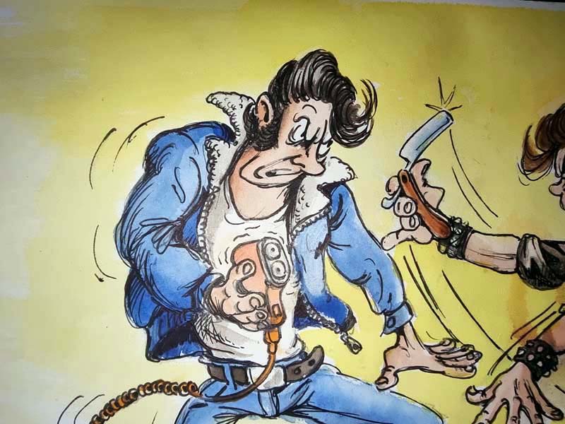 "Bagarre aux rasoirs" - dessin couleur Original inédit signée Claude Serre - circa 1985 (taille totale 21 x 29 cm) – Image 2