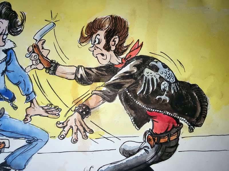 "Bagarre aux rasoirs" - dessin couleur Original inédit signée Claude Serre - circa 1985 (taille totale 21 x 29 cm) – Image 3