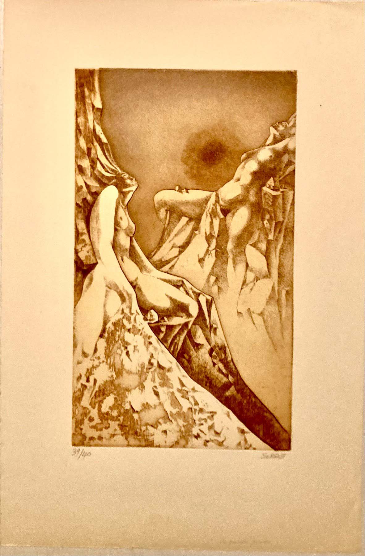 "Les MONTAGNES ENCHANTEES " de Claude Serre ( Circa 1975) Gravure originale, eau-forte et aqualinte, signée