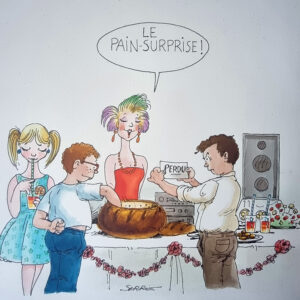 "PAIN SURPRISE" Planche Originale signée Claude Serre publiée en 1994 (taille totale 25 x 32 cm) dans " petit livre gourmant à l'usage des enfants" éditions Glénat