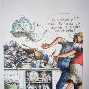 "LA VAISELLE APRES LA SIESTE" Planche Originale signée Claude Serre publiée en 1994 (taille totale 25 x 32 cm) dans "petit livre de cuisine l'usage de mon mec" éditions Glénat