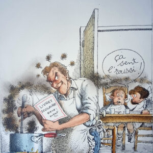 "livret scolaire" Planche Originale signée Claude Serre publiée en 1994 (taille totale 25 x 32 cm) dans " petit livre gourmant à l'usage des enfants" éditions Glénat