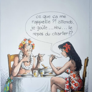 "LE REPAS DU CHARTER" Planche Originale signée Claude Serre publiée en 1994 (taille totale 205 x 32 cm) dans "petit livre de cuisine l'usage de mon mec" éditions Glénat