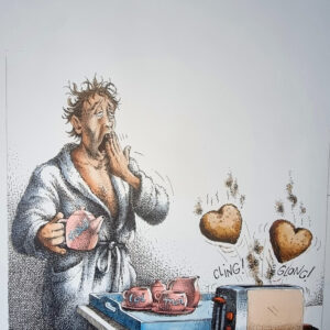 "LE PETIT DEJEUNER AMOUREUX" Planche Originale signée Claude Serre publiée en 1994 (taille totale 205 x 32 cm) dans "petit livre de cuisine l'usage de mon mec" éditions Glénat