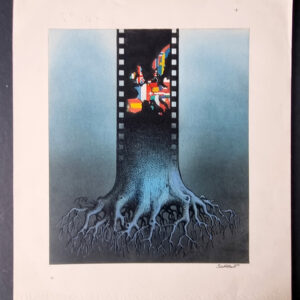 LES RACINES DU CINEMA EUROPEEN planche originale de Claude SERRE signée circa 1980  (taille 30 x 26 cm) plume encre et aquarelle sur canson