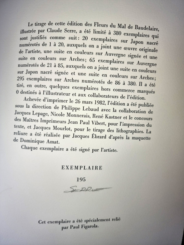 LES FLEURS DU MAL. Edition collection PREMIER TIRAGE LIMITE A 380 EXEMPLAIRES - LITHOGRAPHIES ORIGINALES DE CLAUDE SERRE. Club du livre 1982. – Image 24