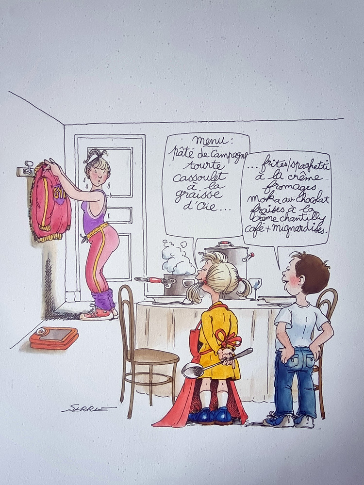 "MENU ENFANTS" Planche Originale signée Claude Serre publiée en 1994 (taille totale 25 x 32 cm) dans "petit livre de cuisine l'usage de mon mec" éditions Glénat
