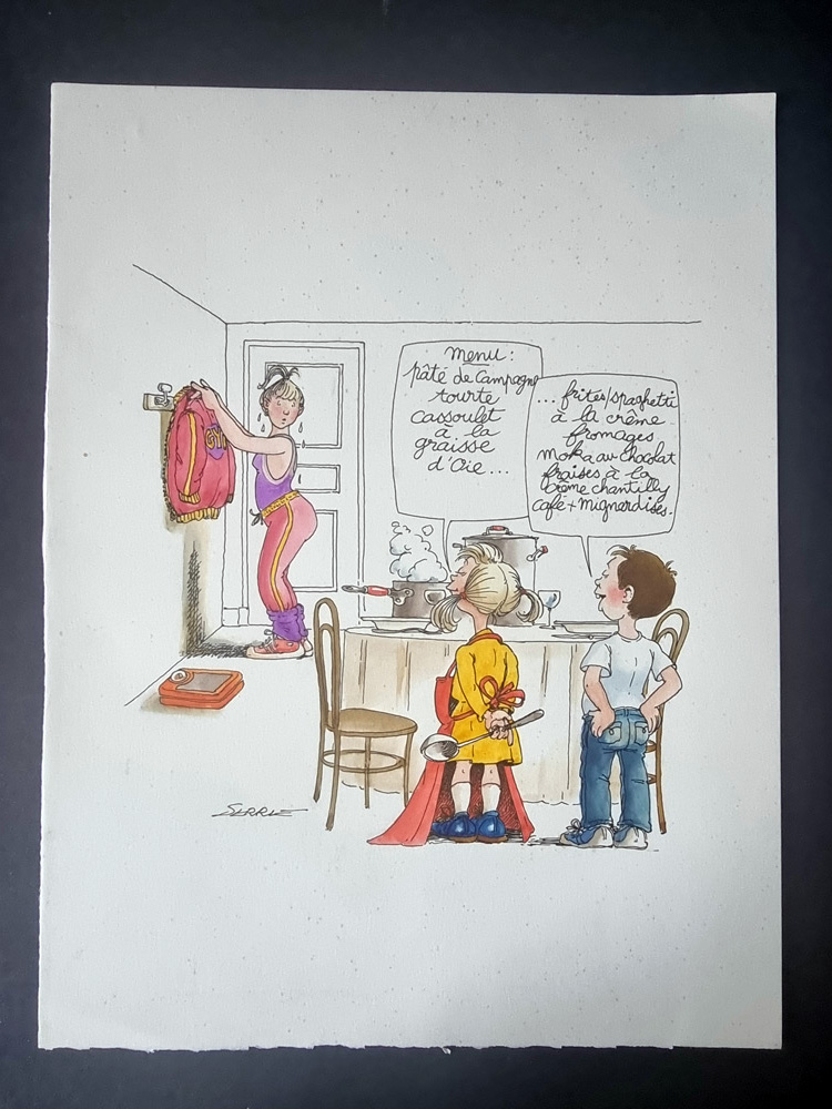 "MENU ENFANTS" Planche Originale signée Claude Serre publiée en 1994 (taille totale 25 x 32 cm) dans "petit livre de cuisine l'usage de mon mec" éditions Glénat – Image 2