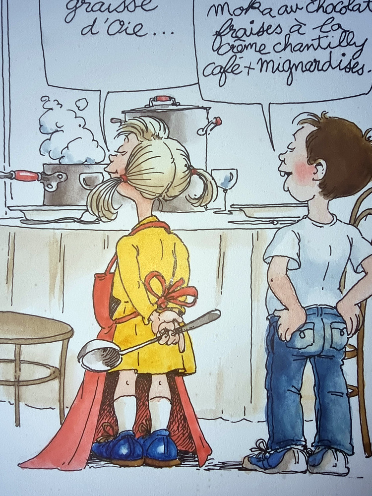 "MENU ENFANTS" Planche Originale signée Claude Serre publiée en 1994 (taille totale 25 x 32 cm) dans "petit livre de cuisine l'usage de mon mec" éditions Glénat – Image 6