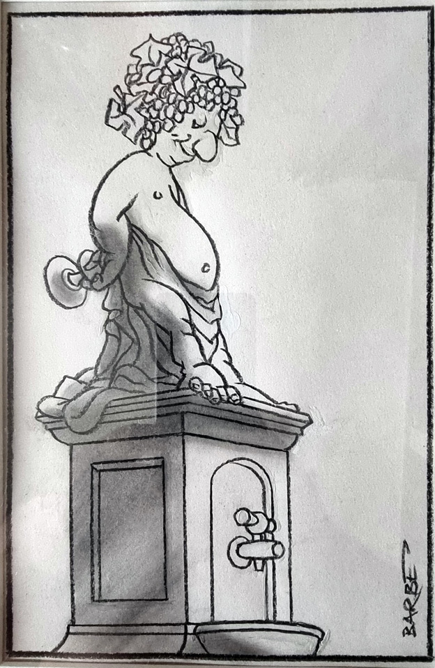 Statue de Bacchus d'André François BARBE Fusain dessin Originale signé format total encadré 24 x 16 cm paru dans album Le vin des humoristes associés éditions Glénat 1981 détail 0