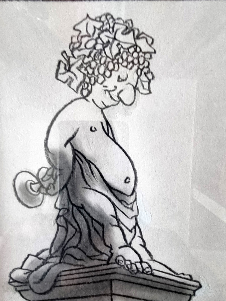 "Statue de Bacchus 2 " dessin original de BARBE André François (1936-2014) Fusain Dim totale encadré 24 x 16 cm paru dans album LE VIN aux editions Glénat 1981 Rare (Copie) – Image 2