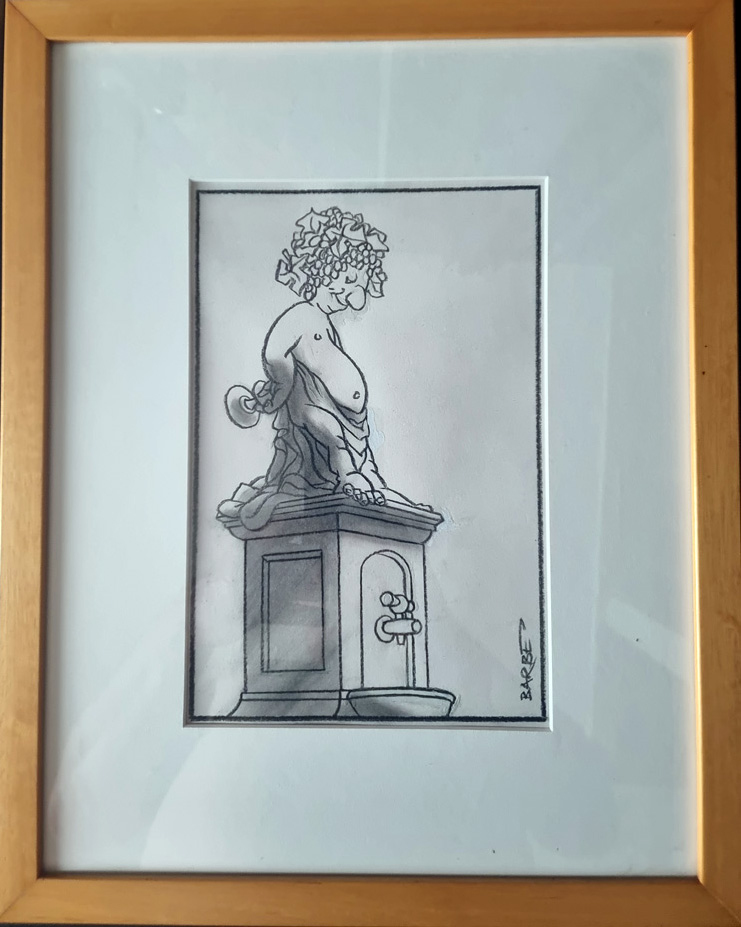 "Statue de Bacchus 2 " dessin original de BARBE André François (1936-2014) Fusain Dim totale encadré 24 x 16 cm paru dans album LE VIN aux editions Glénat 1981 Rare (Copie) – Image 5