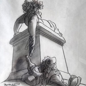 "Statue de Bacchus" dessin original de BARBE André François (1936-2014) Fusain Dim totale encadré 29 x 24 cm paru dans album LE VIN aux editions Glénat 1981 Rare