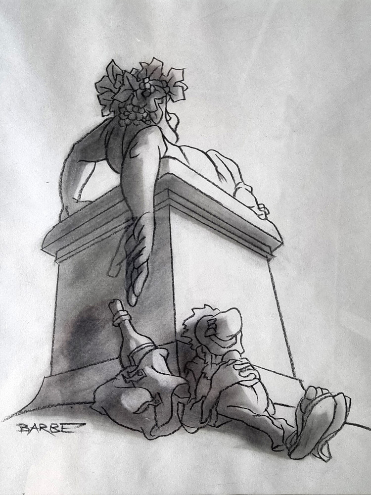 Statue de Bacchus d'André François BARBE Fusain dessin Originale signé format total encadré 29 x 24 cm paru dans album Le vin des humoristes associés éditions Glénat 1981 détail 0