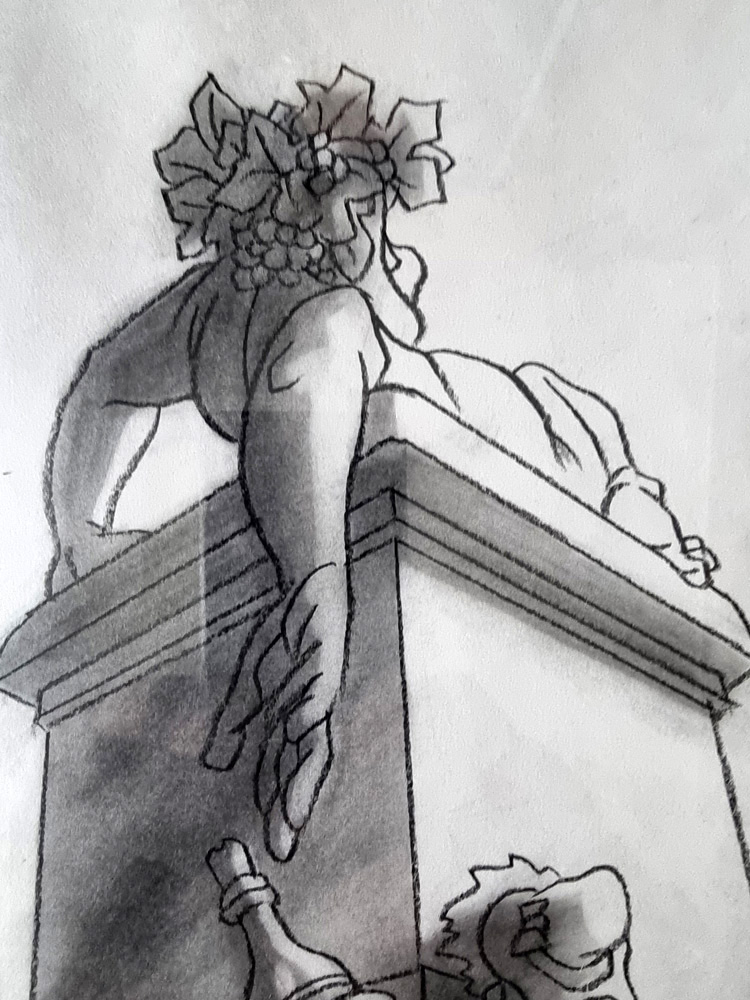 "Statue de Bacchus" dessin original de BARBE André François (1936-2014) Fusain Dim totale encadré 29 x 24 cm paru dans album LE VIN aux editions Glénat 1981 Rare – Image 2
