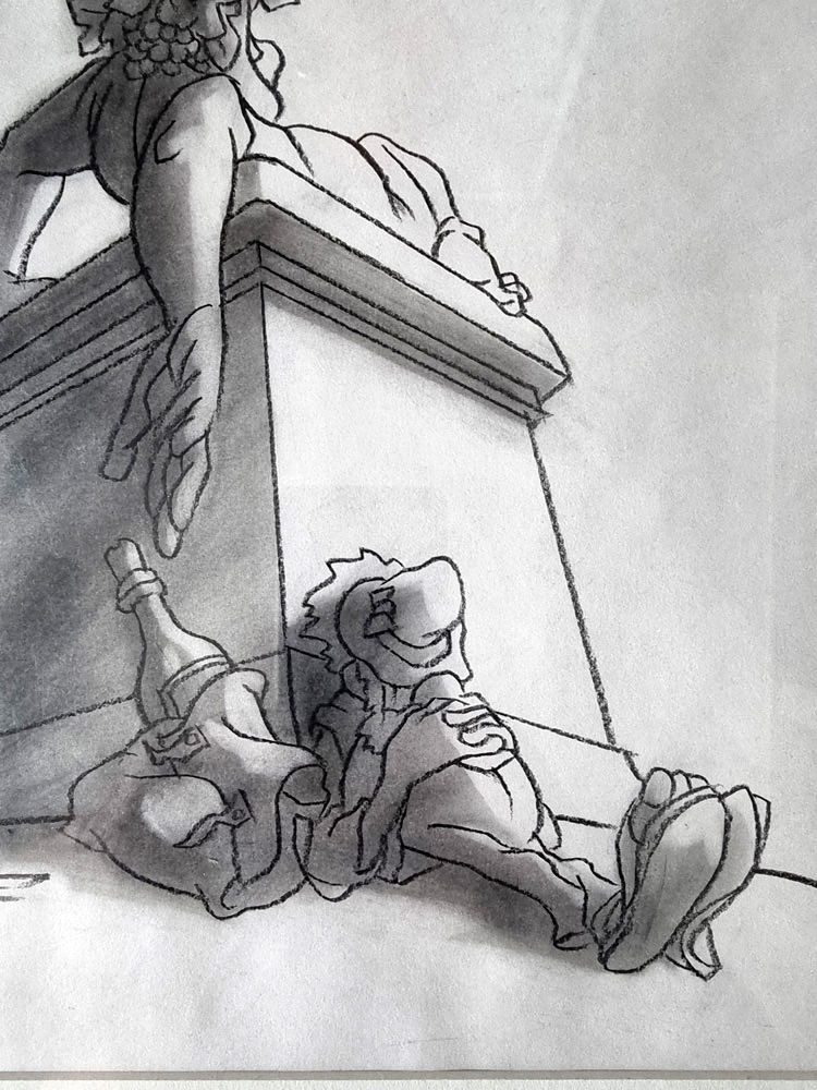 "Statue de Bacchus" dessin original de BARBE André François (1936-2014) Fusain Dim totale encadré 29 x 24 cm paru dans album LE VIN aux editions Glénat 1981 Rare – Image 3