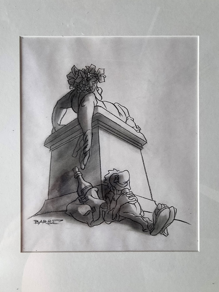 "Statue de Bacchus" dessin original de BARBE André François (1936-2014) Fusain Dim totale encadré 29 x 24 cm paru dans album LE VIN aux editions Glénat 1981 Rare – Image 5