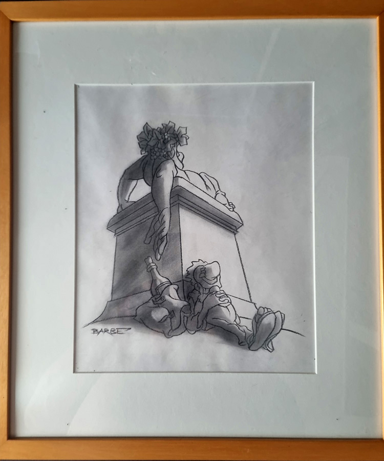 "Statue de Bacchus" dessin original de BARBE André François (1936-2014) Fusain Dim totale encadré 29 x 24 cm paru dans album LE VIN aux editions Glénat 1981 Rare – Image 6